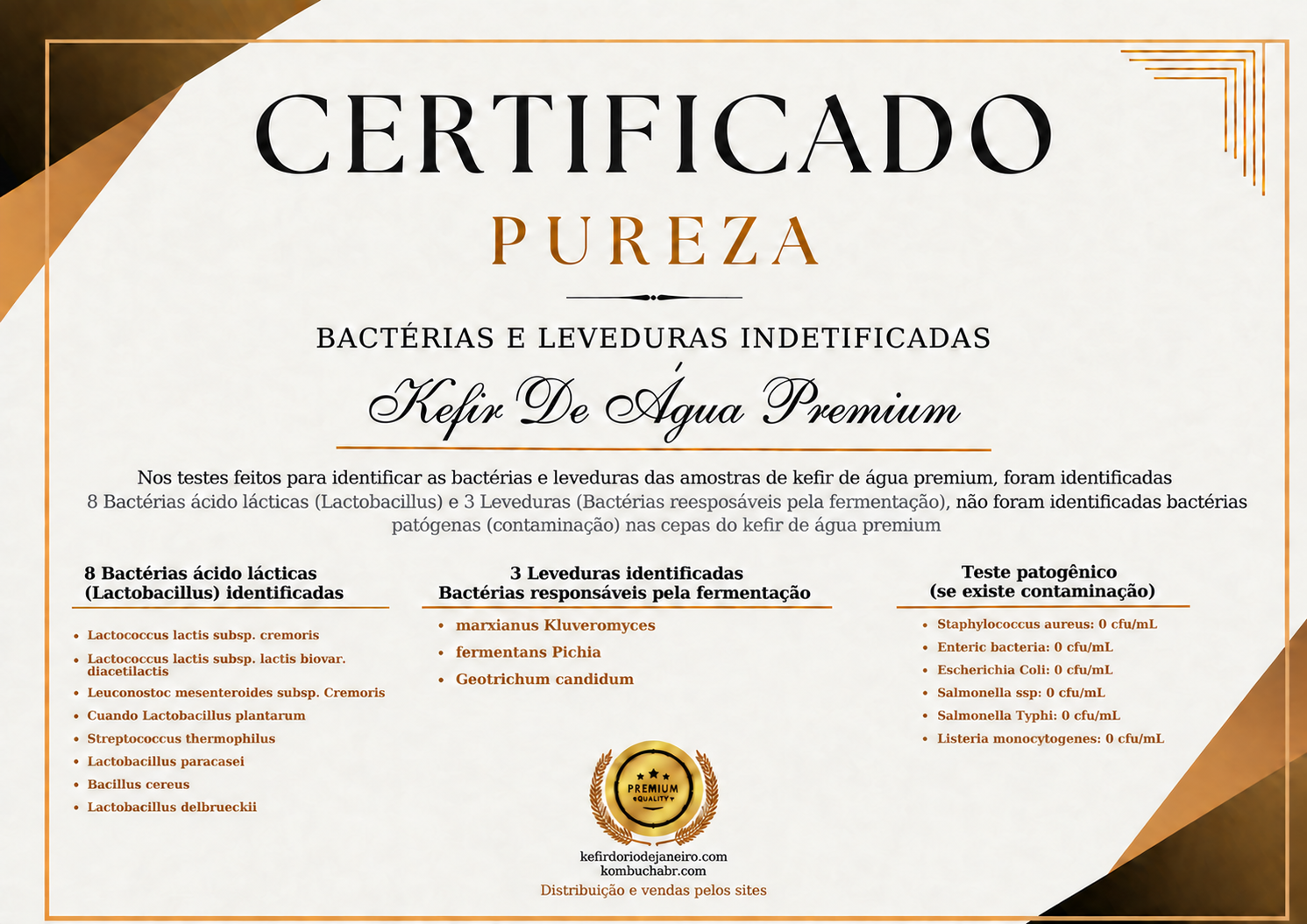 Certificado oficial de pureza do Kefir de Água Premium. Toque ou pressione Enter para ampliar.